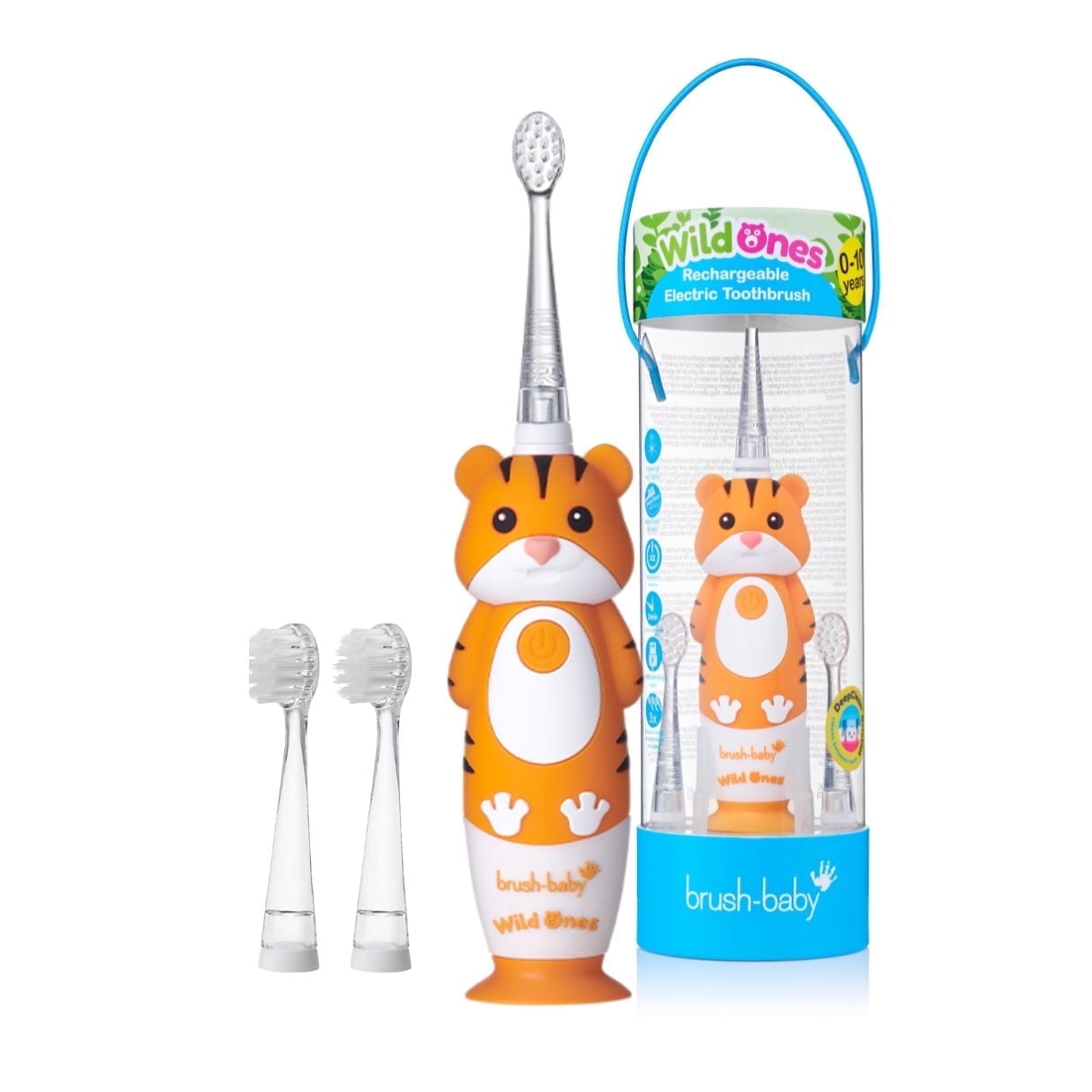 Brush-Baby DEEPCLEAN Kids Electric Toothbrush Tiger, Waterproof, 2-Min Timer, 3 Brush Heads, Soft Bristles, Ages 0-10