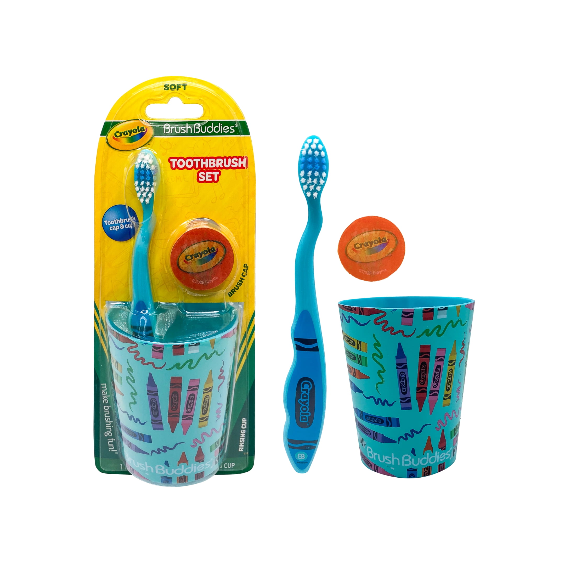 Brush Buddies Crayola Soft Bristle Toothbrush Set for Toddlers, Travel Kit with Cover and Cup, 3 Piece