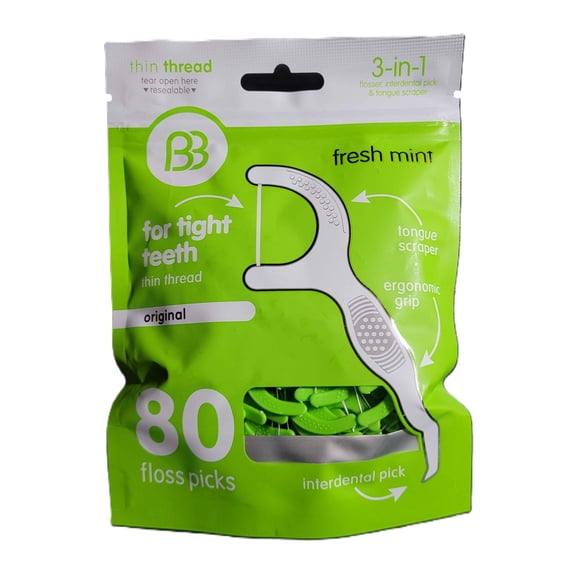 Brush Buddies Floss Picks for Tight Teeth - Fresh Mint - 80 Count
