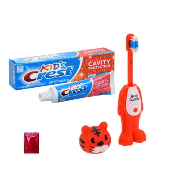 Brush Buddies Poppin' Toothbrush Assorted & Crest Kids Cavity Protection Sparkle Fun Toothpaste 2.2 oz with Bonus LaPrima Morceau Bonbon