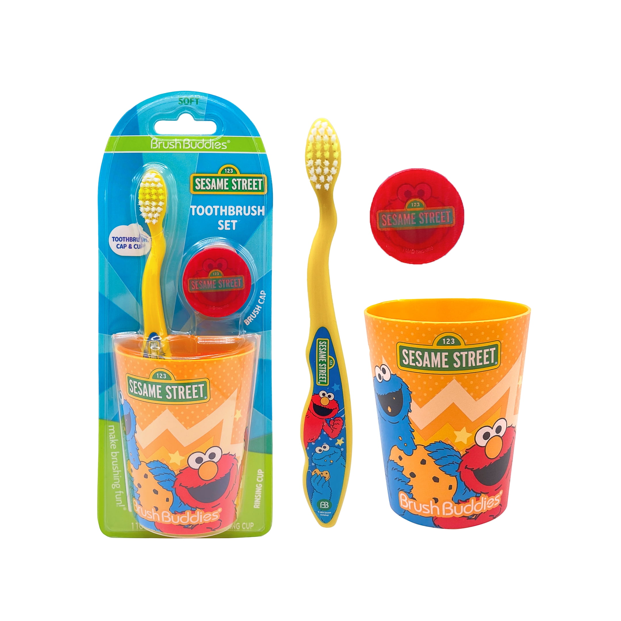 Brush Buddies Sesame Street Elmo Manual Cup Set with Kids Soft Bristle Toothbrush, Rinse Cup, and Travel Cap, 3 Piece Set