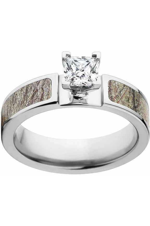Brush Camo 1 Carat T.G.W. Princess CZ in 14kt White Gold Prong Setting Cobalt Engagement Ring with Polished Edges and Deluxe Comfort Fit