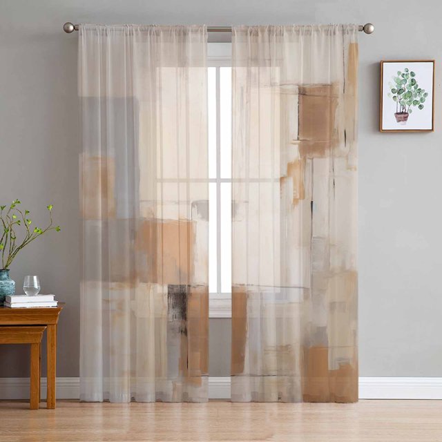 Brush Color Block Abstract Watercolor Sheer Curtains for Living Room
