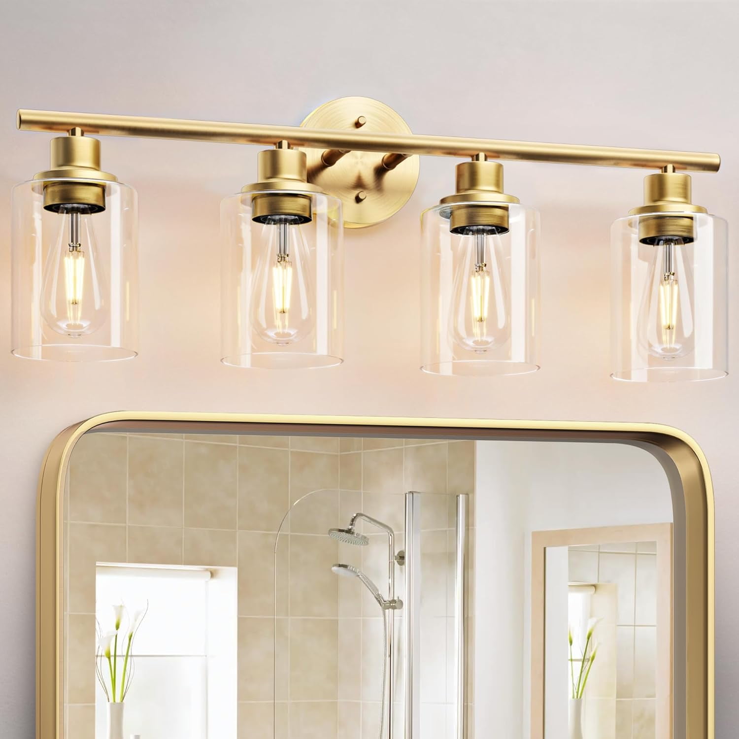 4-Light Brushed Nickel Bathroom Vanity Light With Clear Hourglass Shades - Modern Bathroom Lighting