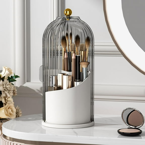 Brush Holder with Lid 360 Rotating Clear Dustproof Make Up Organizers for Vanity Bathroom Countertop, Transparent