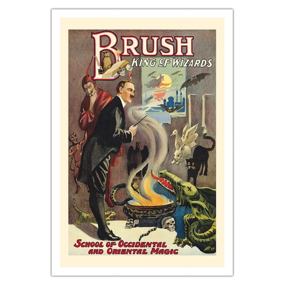 Brush King of Wizards - School of Occidental and Oriental Magic - Vintage Magic Poster c.1915 - Fine Art Matte Paper Print (Unframed) 30x44in