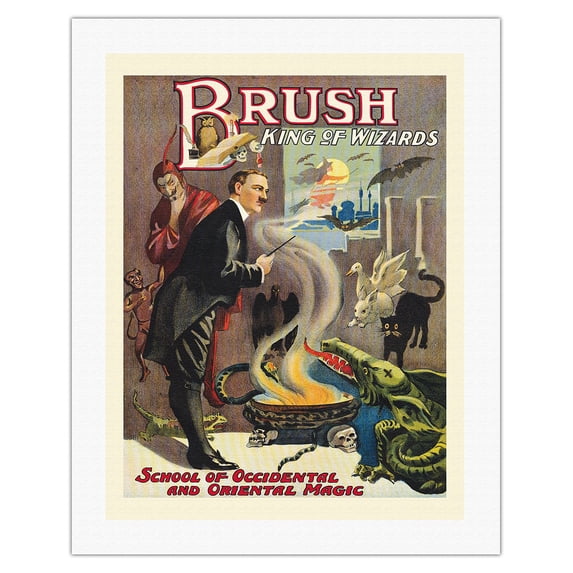 Brush King of Wizards - School of Occidental and Oriental Magic - Vintage Magic Poster c.1915 - Fine Art Rolled Canvas Print 20in x 26in