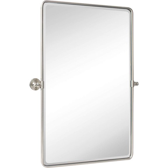 Brush Nickel Pivot Rectangle Bathroom Vanity Mirrror Farmhouse Tiltable Rounded Metal Framed Pivoting Bathroom Mirror with Beveled Mirrror, Overall 26.91 x 35 inches (Mirrror 23 x 35 inches)