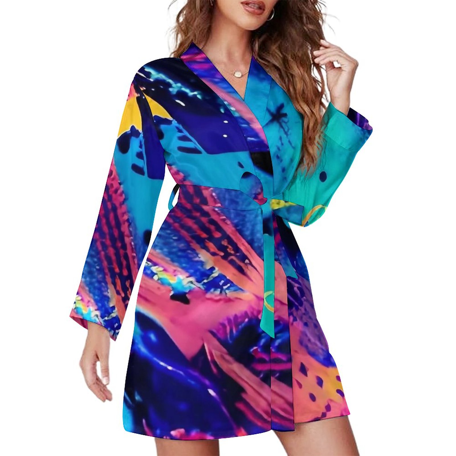 Brush Print Pajama Robe Colorful Abstract Long Sleeves Bedroom Pajamas