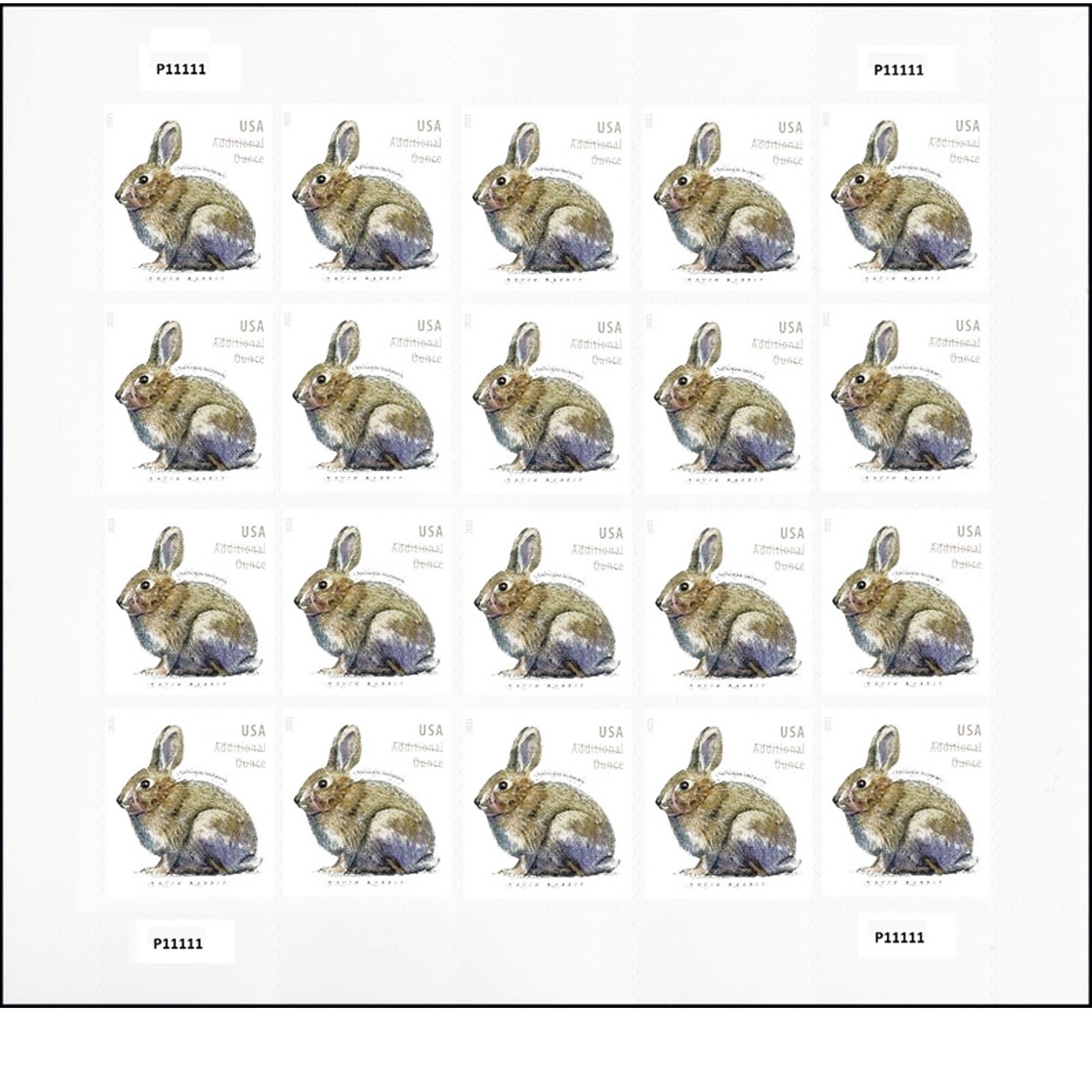 Brush Rabbit ADDITIONAL OUNCE Rate USPS Postage Stamp 1 Sheet of 20 US First Class Postal