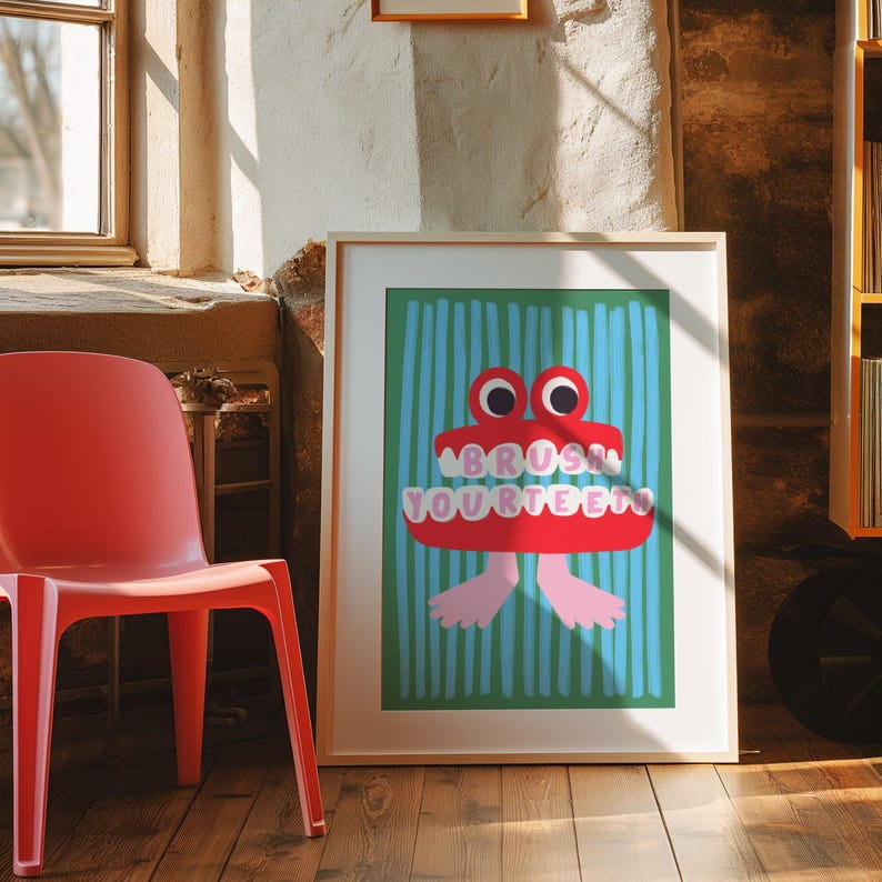 Brush Your Teeth Bathroom Wall Art Print Retro Stripe Illustration ...