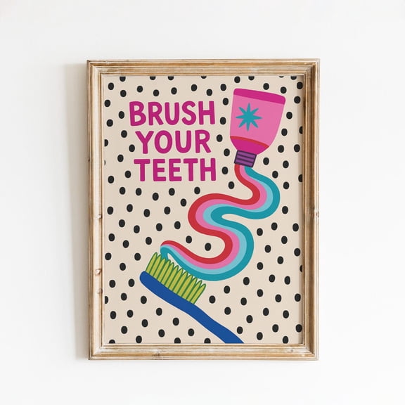 Brush Your Teeth – Fun Retro Bathroom Wall Art Unframed Paper Print