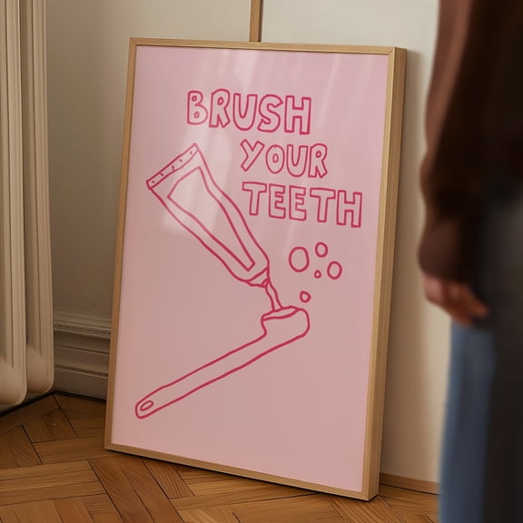 Brush Your Teeth Poster Retro Pink Bathroom Decor Hygiene Typography Sign 4 Unframed Paper Print
