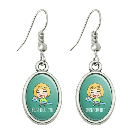 Brush Your Teeth Toothbrush Kawaii Chibi Novelty Dangling Drop Oval Charm Earrings