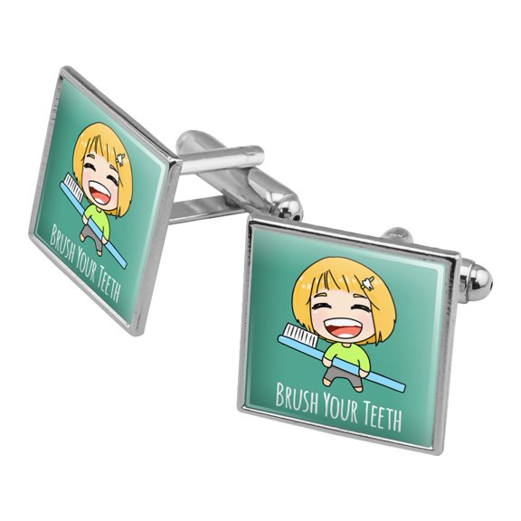 Brush Your Teeth Toothbrush Kawaii Chibi Square Cufflink Set - Silver or Gold