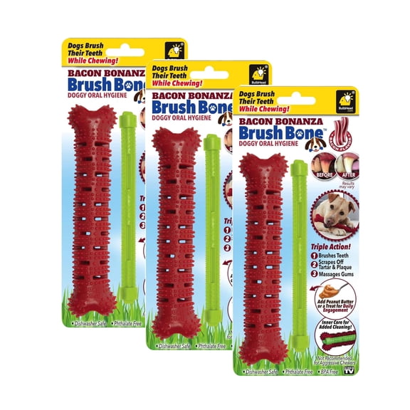 BulbHead Bonanza Bone Dog Chew Toy  Bacon-Flavored Dental Support Chew with Textured Surfaces, Red, 3-Pack