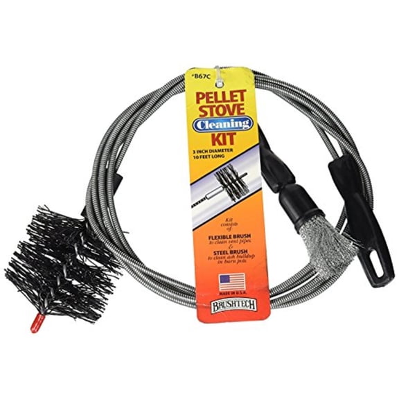 Brushtech Pellet Stove Cleaning Brush Kit - 10-Foot Non-Kinking Spring Brush for 3-Inch Vent Pipes with Bonus Steel Ash Brush - Safe Airflow Maintenance for Stove Pipes
