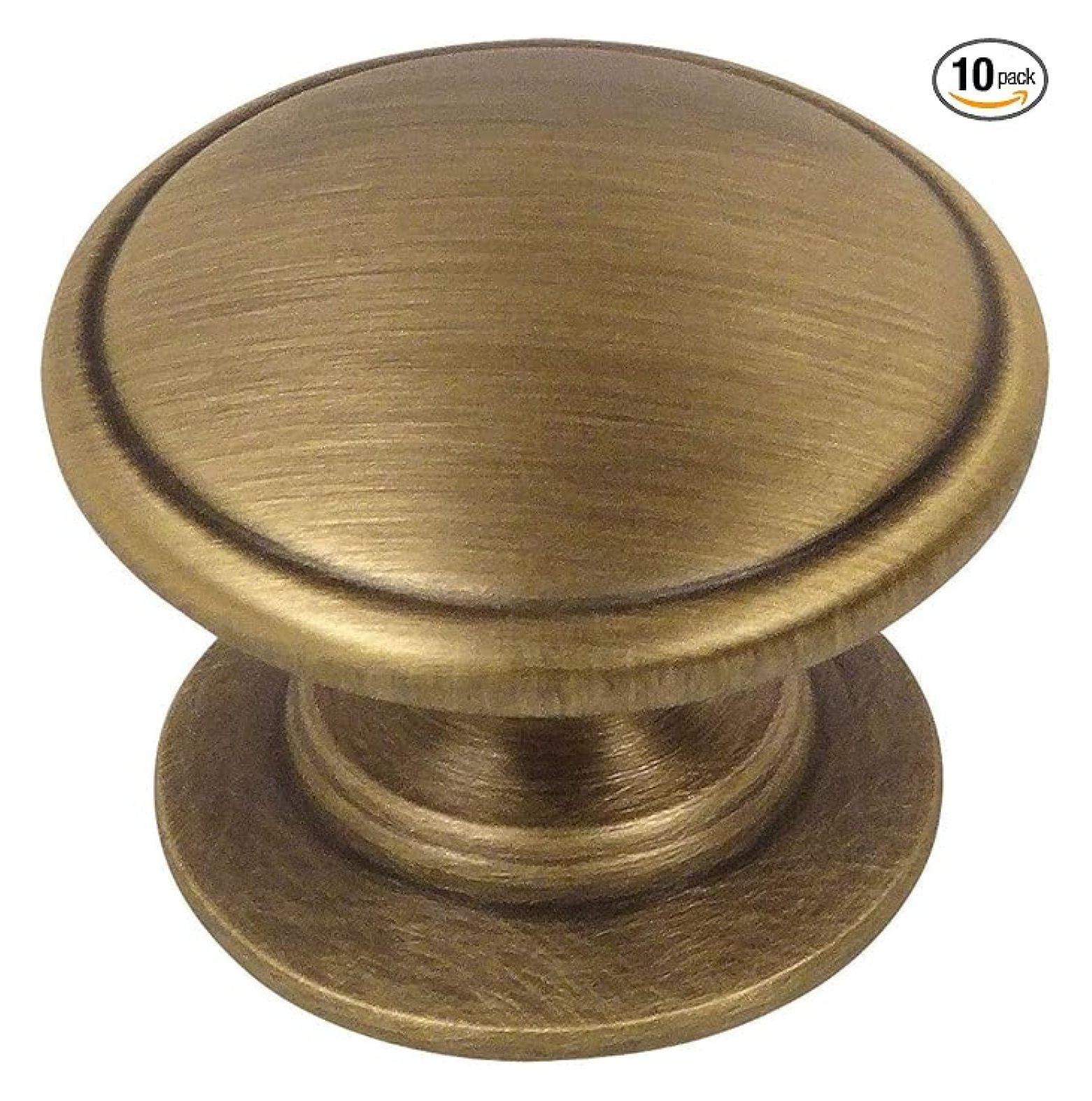 Brushed Antique Brass Cabinet Knobs - 10 Pack - 1-1/4" Round Knobs for Kitchen & Bathroom - Wide Base Design - 1" Projection - Mounting Screws Included