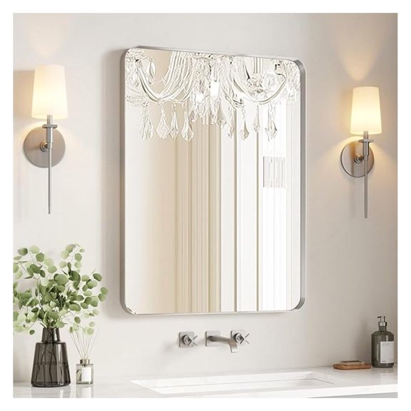 Brushed Bathroom Mirror 24"x36", Silver Rectangle Mirror for Over Sink, Rounded Corner, Aluminum Frame, Anti-Rust, Tempered Glass, Horizontal or Vertical Mounted