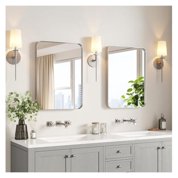 Brushed Bathroom Mirrors 22"x30" 2 Pack, Silver Rectangle Mirrors for Over Sink, Rounded Corner, Aluminum Frame, Anti-Rust, Tempered Glass, Horizontal or Vertical Mounted