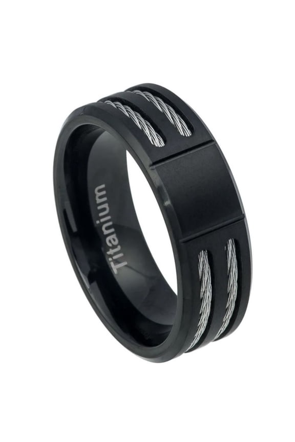 Brushed Black Ion Plated Titanium Double Cable Design Ring Size 14