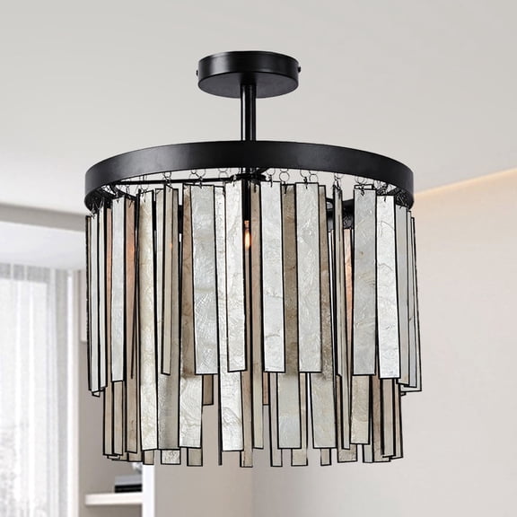 Coastal 15-Inch Brushed Brass Finish Flush Mount Ceiling Light with Capiz Shell for Dining Room, Entryway, and Living Room