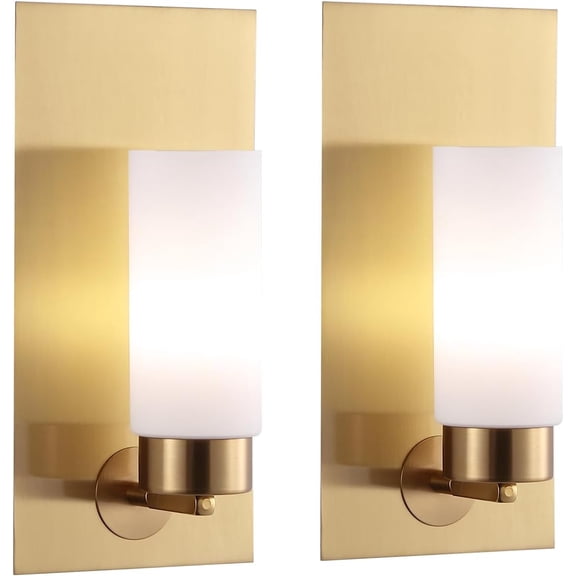 Brushed Brass Gold Wall Sconces Set of Two Modern Mid Century Bathroom Vanity Light Fixtures Cylinder Milky White Glass Shade Bedroom Living Room