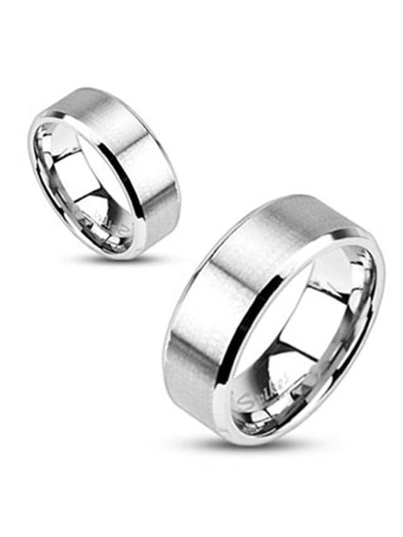 Brushed Center Flat 8mm Wedding Band Beveled Edge Ring 316L Stainless Steel (SIZE: 11)