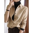 thumbnail image 1 of Brushed Chic Polo Collar Velvet Layered Base Shirt Top, Tan, Large, 1 of 5