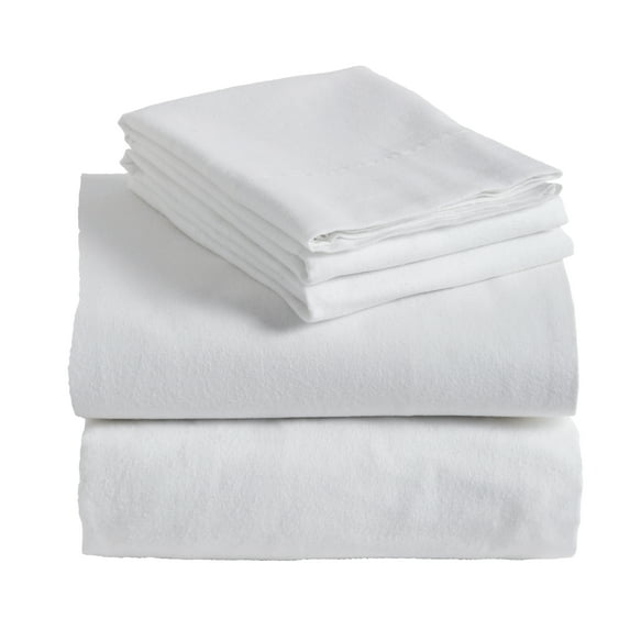 Brushed Cotton Flannel 4-Piece Heavyweight and Breathable Deep Pocket Fleur-de-Lis or Solid Sheet Set by Blue Nile Mills- Full, White