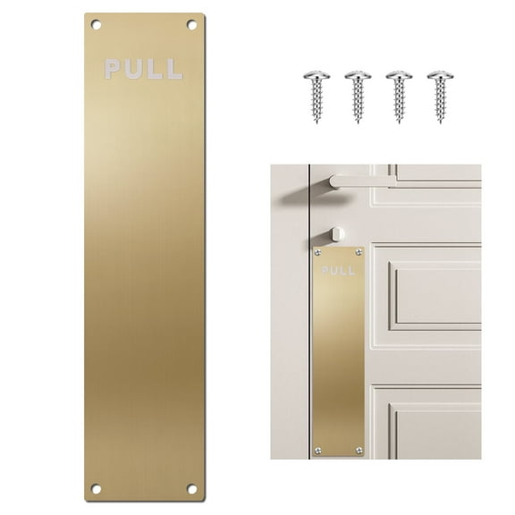 Brushed Gold 12" x 3" Vertical Door Plate with "Pull" Sign, Stainless Steel Scratch Protection Kickplate for Interior/Exterior Doors