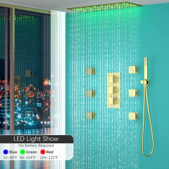 Brushed Gold 16x32" Rain Shower Faucet Set Kit Thermostatic Massage System Combo