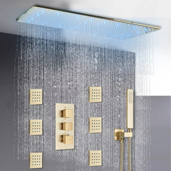 Brushed Gold 16x32" Rain Shower Faucet Set Kit Thermostatic Massage System Combo