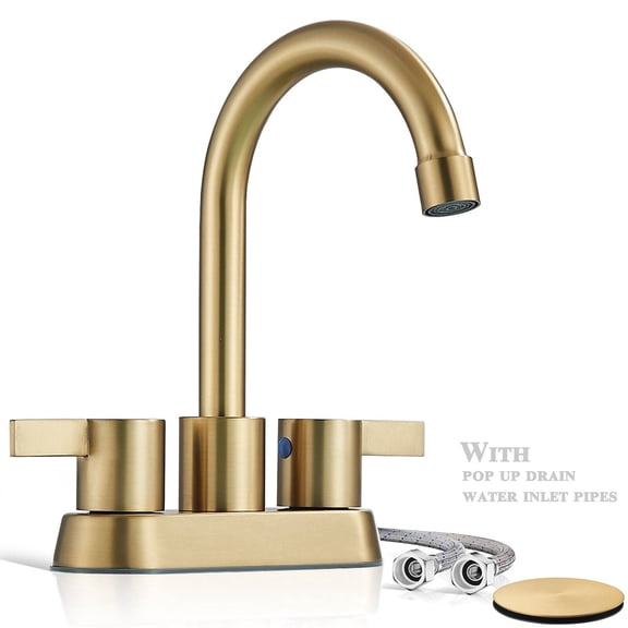 Brushed Gold 4 Inch 2 Handle Centerset Lead-Free Bathroom Faucet, Swivel Spout with Pop Up Drain