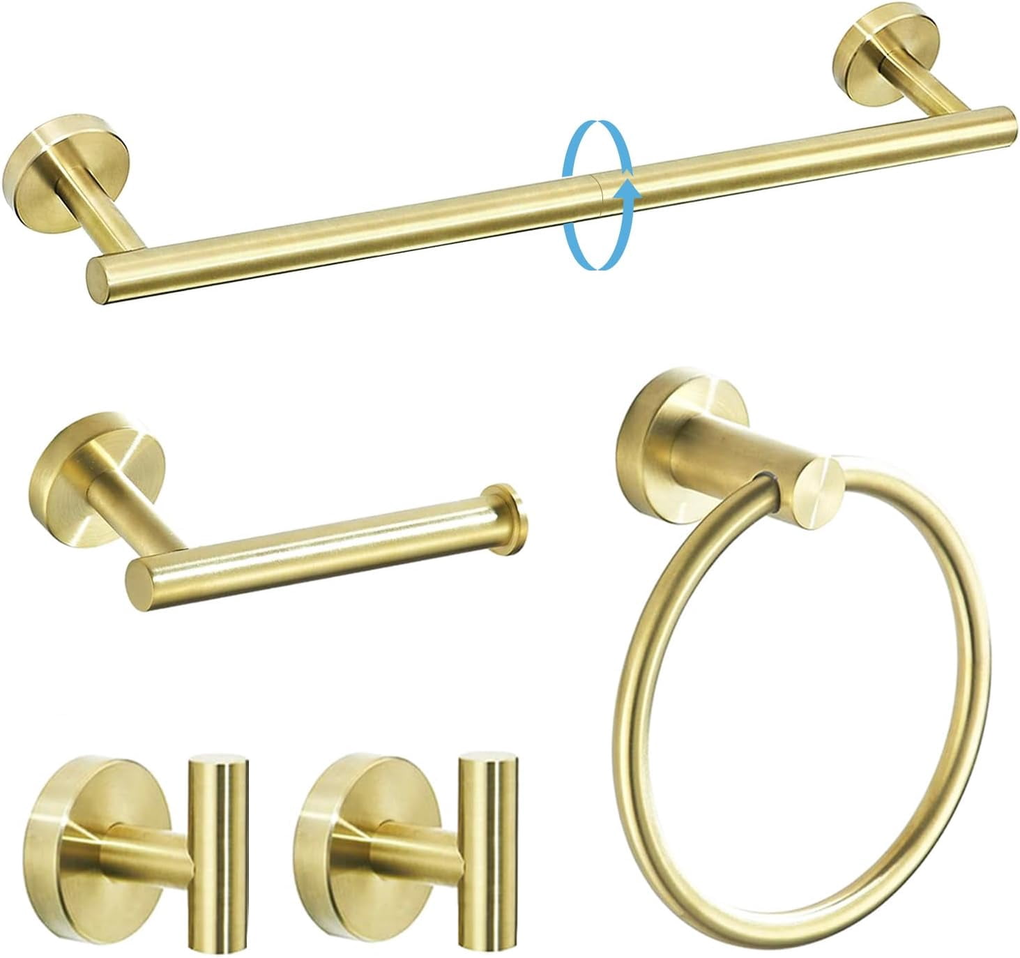 Brushed Gold 5 Piece Bathroom Hardware Set, SUS304 Stainless Steel 24 Inch Bath Towel Bar Set, Round Bathroom Accessories Kit Wall Mounted