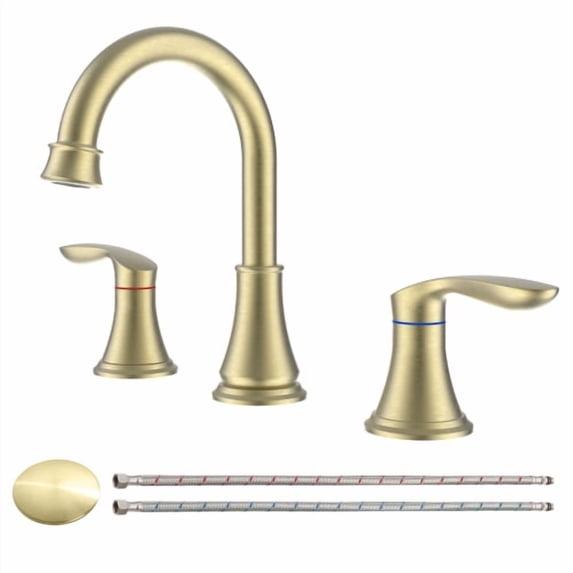 Brushed Gold 8-Inch Widespread Bathroom Sink Faucet, 2-Handle, 360° Swivel Spout, Pop-Up Drain Assembly & cUPC Hoses