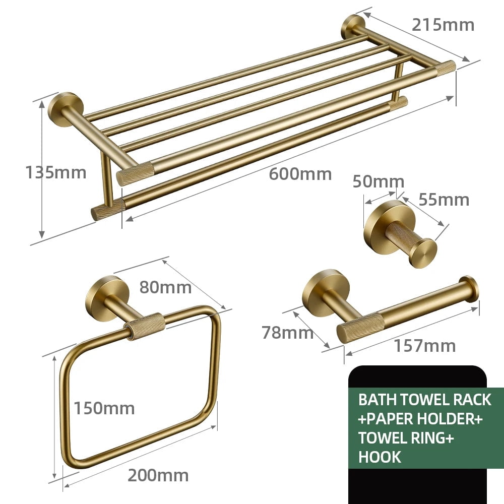Brushed Gold Bathroom Accessories Towel Bar Bath Robe Hook Brass Knurled Bathroom Hardware Set