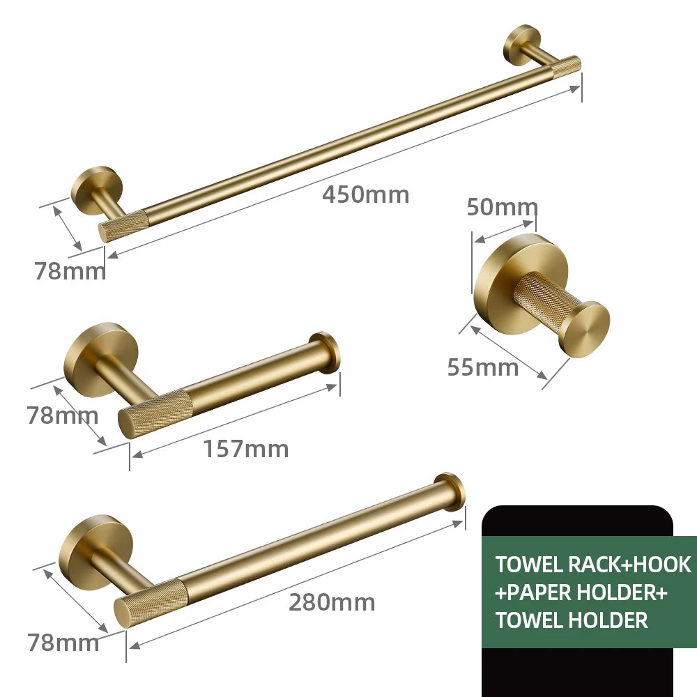 Brushed Gold Bathroom Accessories Towel Bar Bath Robe Hook Brass Knurled Bathroom Hardware Set