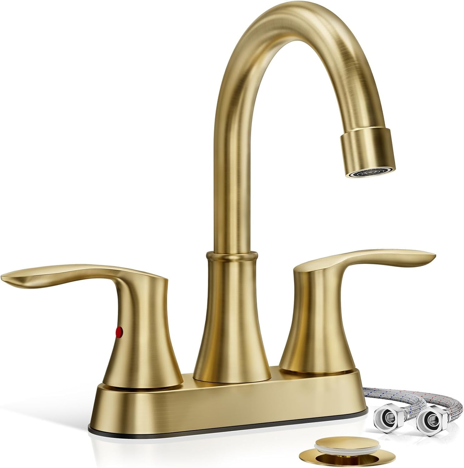 Brushed Gold Bathroom Faucet - 4 inch 3 Hole 2-Handle Centerset Vanity Mixer Taps With Drain, 360°Swivel,High Arc Design