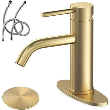 Brushed Gold Bathroom Faucet Modern Single Handle Bathroom Sink Faucet Single Hole Lavatory Vanity Faucet with Pop-up Drain and Water Supply Lines