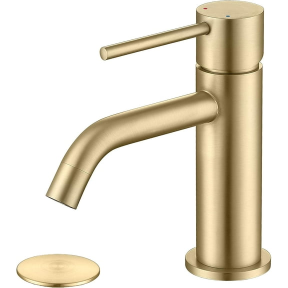 Brushed Gold Bathroom Faucet, Single Handle Brass Sink Faucet Bathroom Single Hole with Pop Up Sink Drain Assembly and Water Faucet Supply Lines