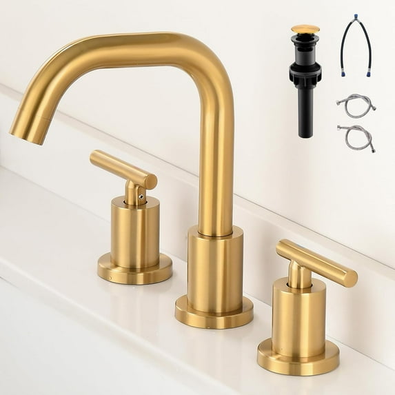 Brushed Bathroom Faucet for Sink 3 Hole, 8 inch Widespread Bathroom Faucets | Brass Vanity Faucets with 360? Swivel Spout 2 Handle Sink Faucet with Drain & Hoses