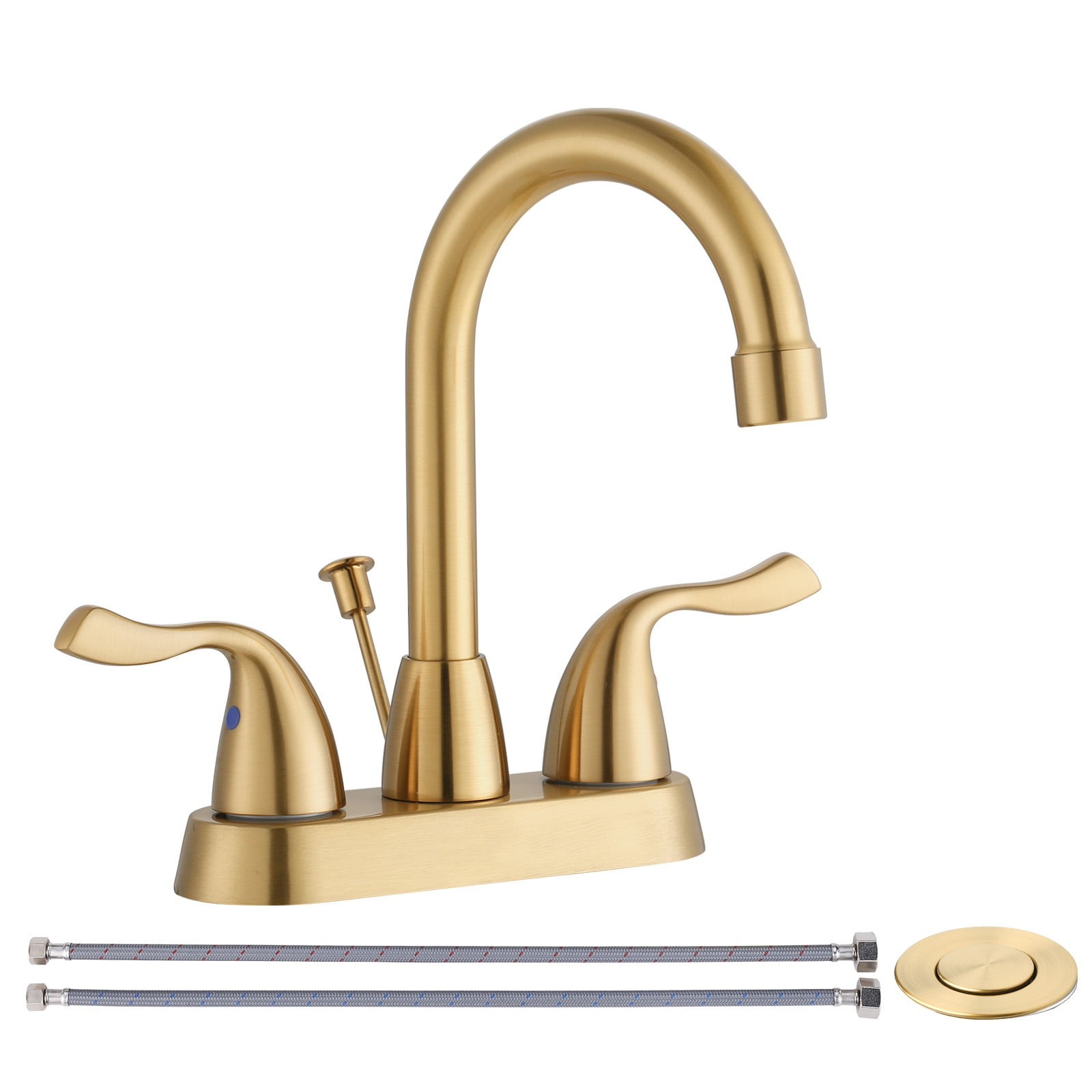 Brushed Gold Bathroom Faucet, WOWOW 4 inch Centerset Bathroom Faucet with Drain Assembly and Supply Lines, Gold Faucet for Bathroom Sink