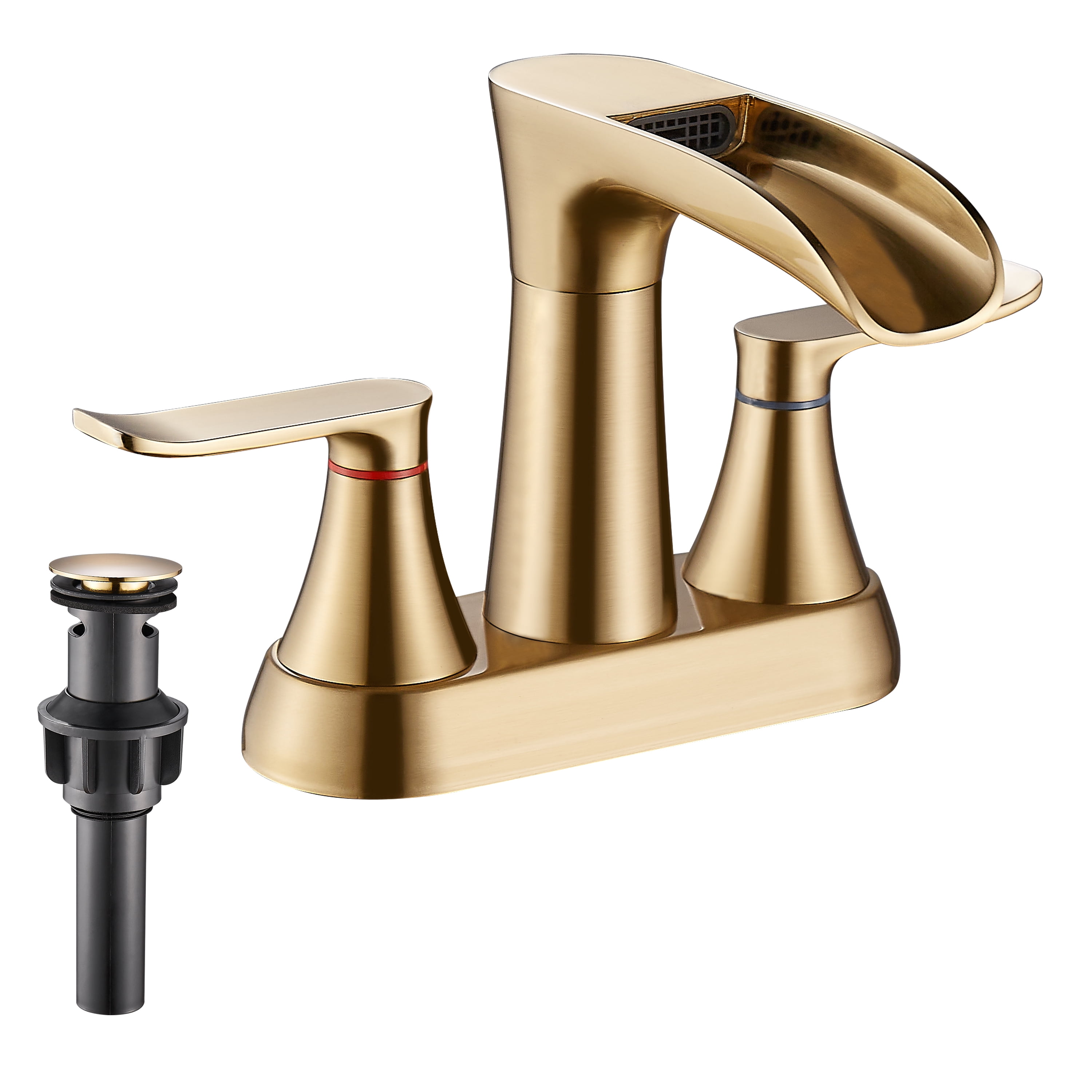 Brushed Gold Bathroom Faucet,Yundoom 4 Inch Centerset Bathroom Faucet,Waterfall Bathroom Faucet,2 Handle Bathroom Faucet for Sink 3 Hole,360 Degree Swivel Spout Bathroom Sink Faucet with Pop Up Drain