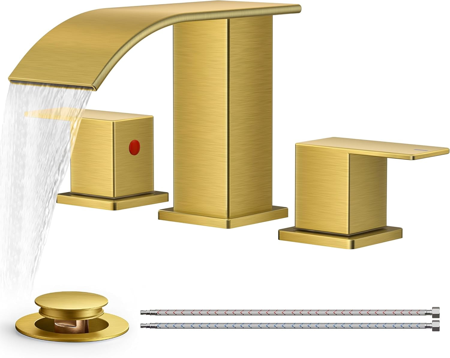 Brushed Gold Bathroom Faucets 3 Hole, Waterfall Square 8 Inch ...
