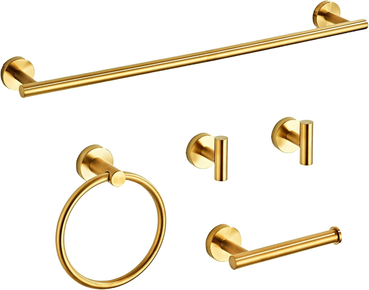 5-Piece Brushed Nickel Bathroom Hardware Set - Towel Bar, Toilet Paper Holder, Ring & Hooks