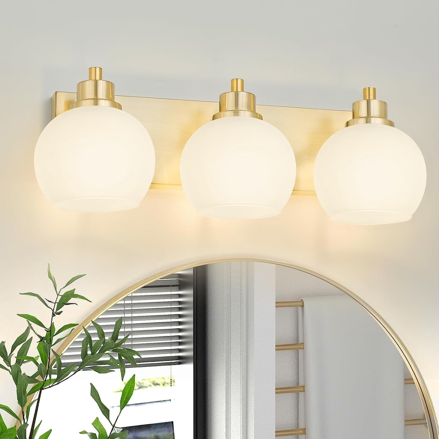 Brushed Gold Bathroom Light, 3 Light Vanity Fixture with Milk Glass Shade, Gold Tone Lighting ...