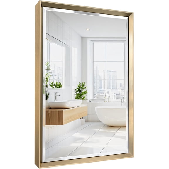 Brushed Gold Bathroom Mirror, 16''x 24'' Beveled Gold Bathroom Vanity Mirror, Anti-Rust Gold Framed Rectangle Wall Mirror Decorative, Brushed Gold Metal Frame Mirror Horizontal/Vertical