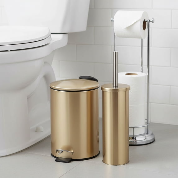 Brushed Gold Bathroom Set – 0.8 Gal Trash Can and Toilet Bowl Brush