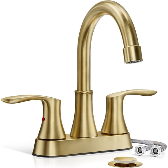 Brushed Gold Bathroom Sink Faucet Waterfall 2-Handle Centerset Vanity with Drain